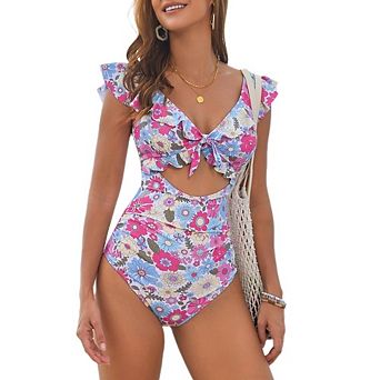 Women's Floral Ruffle Sleeve One Piece Swimsuit Cutout Tie Front V Neck Bathing Suit