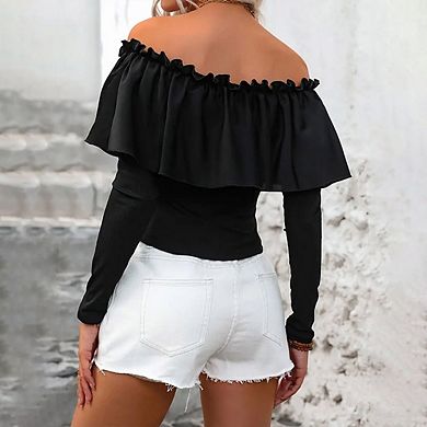 Women's Off Shoulder Long Sleeve Rib Knit Ruffle Tops