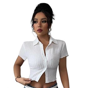 Women's Short Sleeve Cropped Button Down Lapel Shirt Casual Blouse