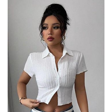 Women's Short Sleeve Cropped Button Down Lapel Shirt Casual Blouse