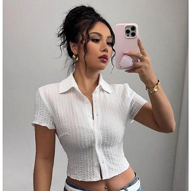 Women's Short Sleeve Cropped Button Down Lapel Shirt Casual Blouse