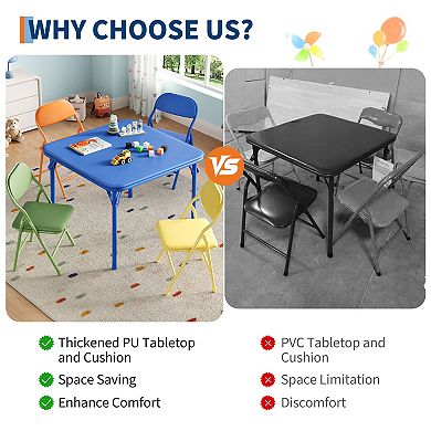 5Piece Kids Folding Table&Chair Set,Space-Saving Toddler Activity Table w/Waterproof PU Top,Soft Cus