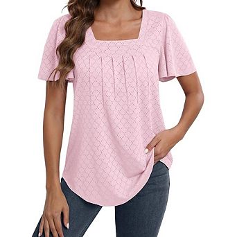 Women's Short Sleeve Tops Loose Fit Shirts Crew Neck Summer Casual Pleated Tops