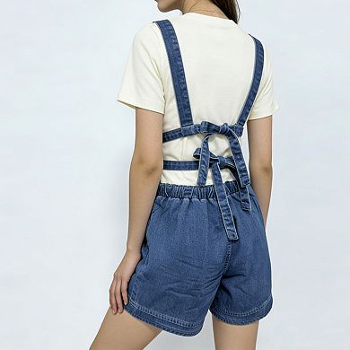 Women's Denim Overall Shorts Tie Back Waist Drawstring Casual Summer Romper