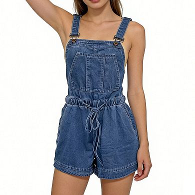 Women's Denim Overall Shorts Tie Back Waist Drawstring Casual Summer Romper