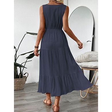 Women's Summer Dresses Casual Sleeveless V Neck Pleated Tie Solid Color Midi Dress