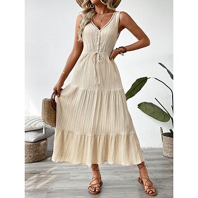Women's Summer Dresses Casual Sleeveless V Neck Pleated Tie Solid Color Midi Dress