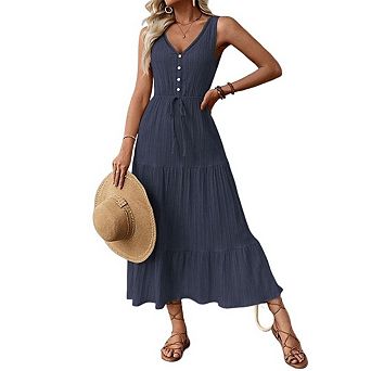 Women's Summer Dresses Casual Sleeveless V Neck Pleated Tie Solid Color Midi Dress