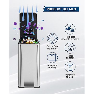 4 Gallon Stainless Steel Trash Can with Soft Close Lid, Step-on Garbage Bin, Compact Slim Design