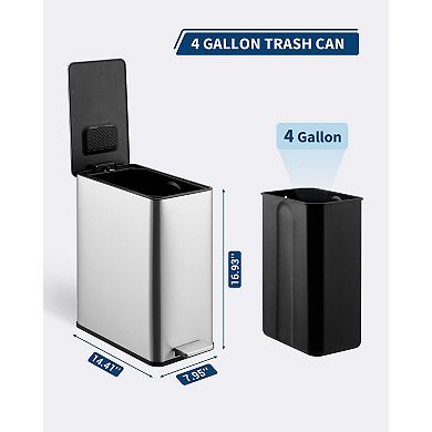 4 Gallon Stainless Steel Trash Can with Soft Close Lid, Step-on Garbage Bin, Compact Slim Design