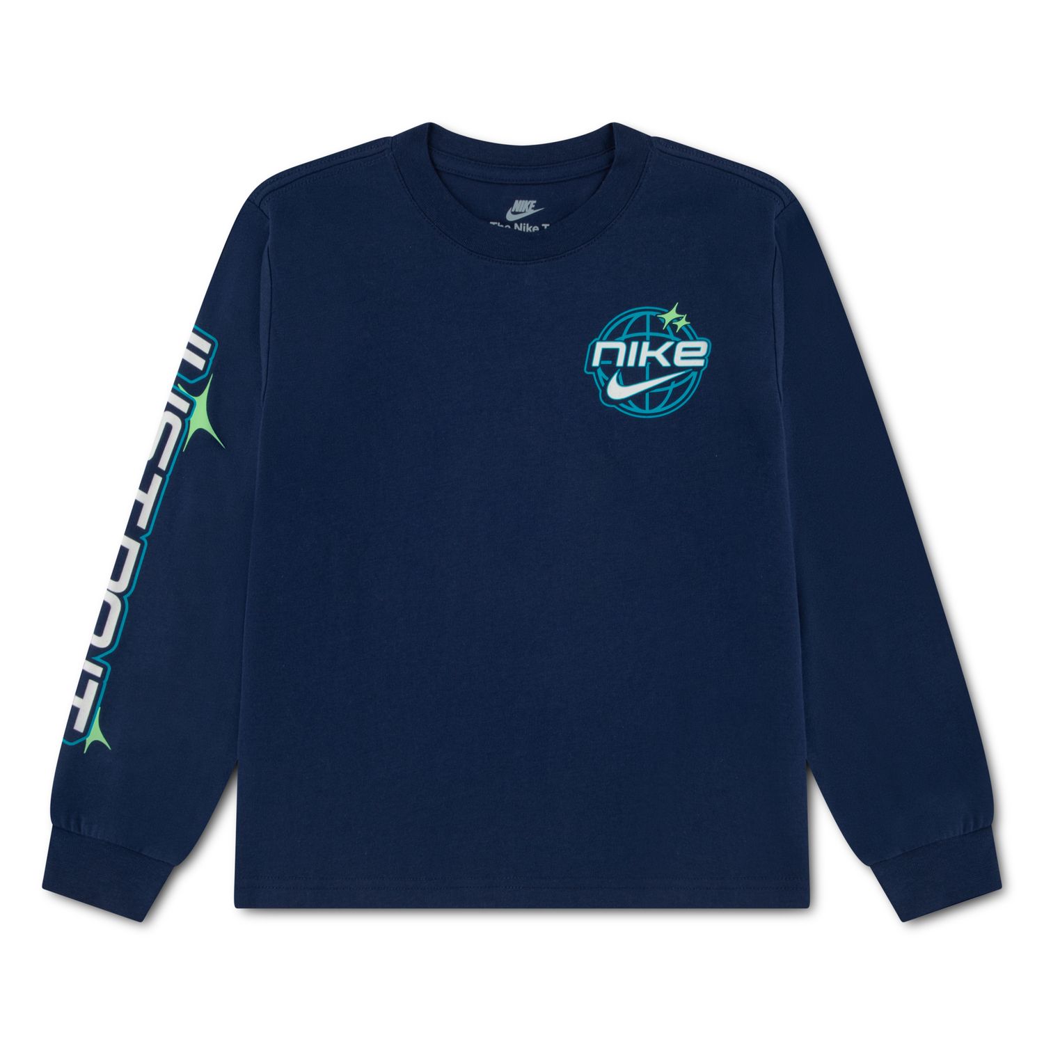 Детская футболка Nike Y2K Globe Long Sleeve Oversized, цвет: Полуночный тёмно-синий — фото 1