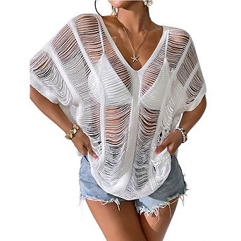Women Knit V-Neck Beach Cover Up Casual Loose Fit Summer Swimwear Coverup