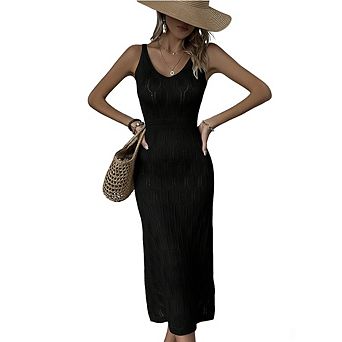 Women Crochet Knit Sleeveless Beach Cover Up Midi Dress Hollow Out Swimwear Coverup
