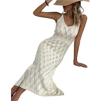Women Crochet Knit Sleeveless Beach Cover Up Midi Dress Hollow Out Swimwear Coverup