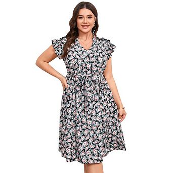 Women's Floral Plus Size Dress Summer V Neck Cap Sleeve Belted Waist A Line Midi Dress with Pockets