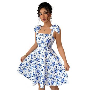 Women's Floral Backless A Line Dresses Summer Bohemian Sleeveless Vacation Dress with Belt