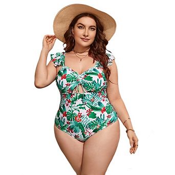 Women's Plus Size One Piece Boho Floral Swimsuits Ruffle Straps Hollow Out Tie Front Bathing Suit