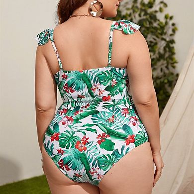 Women's Plus Size One Piece Boho Floral Swimsuits Ruffle Straps Hollow Out Tie Front Bathing Suit