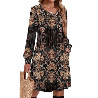 Zeagoo Fall A Line Dress for Women Long Sleeve Casual Printed Dresses 2025 V Neck Tunic Boho Dress