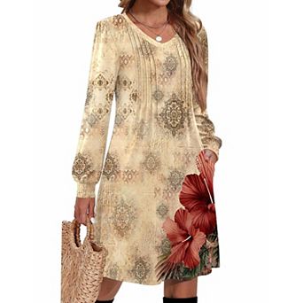 Zeagoo Fall A Line Dress for Women Long Sleeve Casual Dresses V Neck Tunic Boho Dress