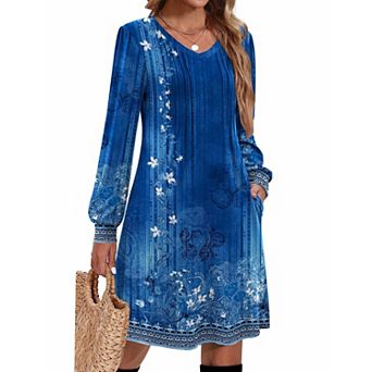 Zeagoo Fall A Line Dress for Women Long Sleeve Casual Dresses V Neck Tunic Boho Dress