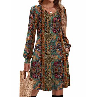 Zeagoo Fall A Line Dress for Women Long Sleeve Casual Dresses V Neck Tunic Boho Dress