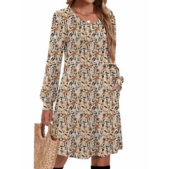 Zeagoo Fall A Line Dress for Women Long Sleeve Casual Dresses V Neck Tunic Boho Dress