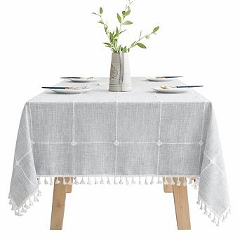 Grey Waterproof Cotton Linen Tablecloth with Tassels for Rectangle Table 55 x 86 Inch
