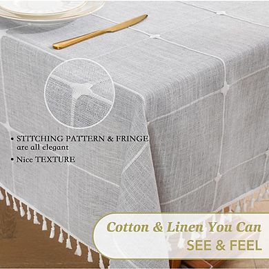Grey Waterproof Cotton Linen Tablecloth with Tassels for Rectangle Table 55 x 86 Inch