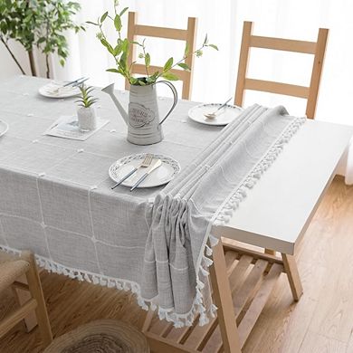 Grey Waterproof Cotton Linen Tablecloth with Tassels for Rectangle Table 55 x 86 Inch