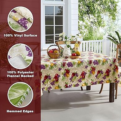 Fruit-Print Vinyl Tablecloth, Flannel-Backed, Easy-Care, Durable