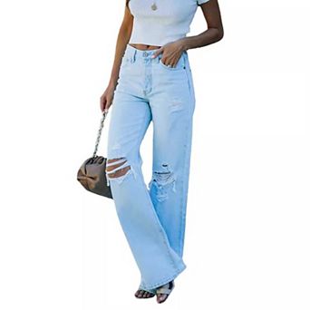 Women's High Waist Ripped Flare Jeans, Distressed Wide Leg Denim Pants