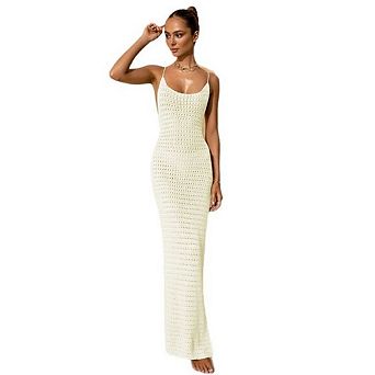 Women's Knit Cut Out Tassel Spaghetti Strap Cover Up Bodycon Beach Holiday Long Dress