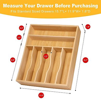100% Bamboo Drawer Organizer — Cutlery Tray with Grooved Dividers