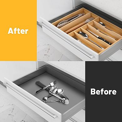 100% Bamboo Drawer Organizer — Cutlery Tray with Grooved Dividers