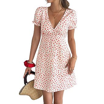 Beach Dresses for Women Floral V-Neck Puff Sleeve Boho Empire Waist Summer Casual Vacation Dress