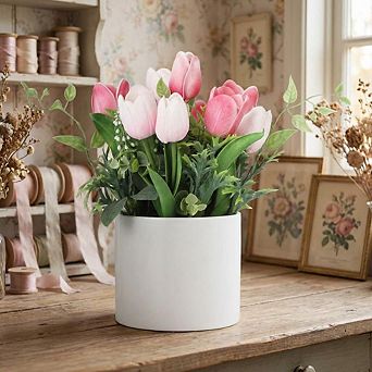 Real Touch Artificial Tulips in Glass Vase with Faux Water,  Centerpiece