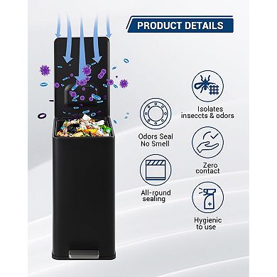 4 Gallon Stainless Steel Trash Can with Soft Close Lid, Step-on Garbage Bin, Compact Slim Design