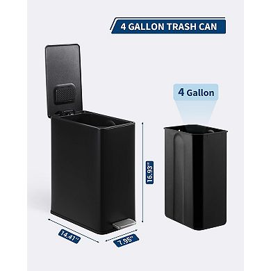 4 Gallon Stainless Steel Trash Can with Soft Close Lid, Step-on Garbage Bin, Compact Slim Design