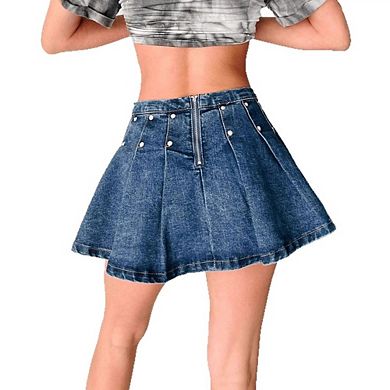 Women High-Waisted Pleated Denim Mini Skirt with Studded Details