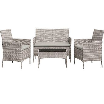 4 pc PE Rattan Patio Furniture Set, Wicker Chairs with Cushions for Garden, Backyard