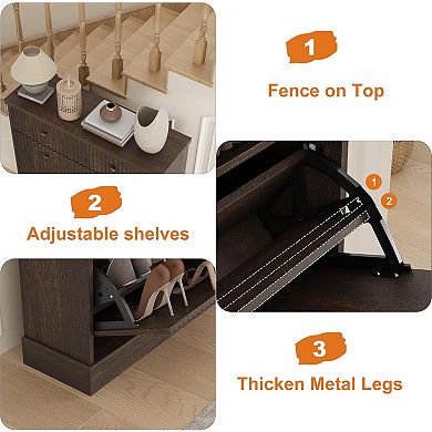 Fluted Shoe Cabinet with 2 Flip Drawers & Top Drawer, Narrow Entryway Storage Organizer