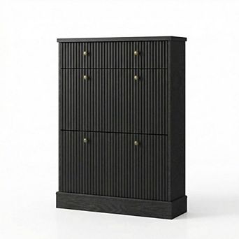 Fluted Shoe Cabinet with 2 Flip Drawers & Top Drawer, Narrow Entryway Storage Organizer