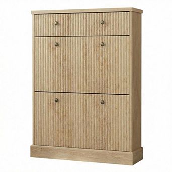 Fluted Shoe Cabinet with 2 Flip Drawers & Top Drawer, Narrow Entryway Storage Organizer