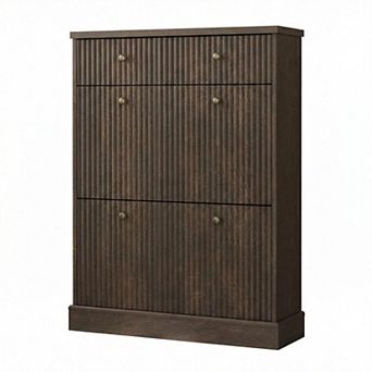Fluted Shoe Cabinet with 2 Flip Drawers & Top Drawer, Narrow Entryway Storage Organizer