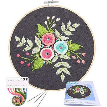 Floral Embroidery Starter Kit with Pattern Bamboo Hoop Threads and Needles