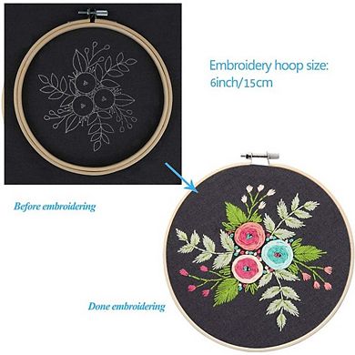 Floral Embroidery Starter Kit with Pattern Bamboo Hoop Threads and Needles