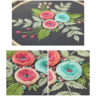 Floral Embroidery Starter Kit with Pattern Bamboo Hoop Threads and Needles