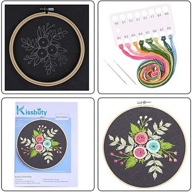 Floral Embroidery Starter Kit with Pattern Bamboo Hoop Threads and Needles