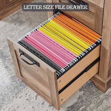 Farmhouse Executive Desk with Charging Station Keyboard Tray File Cabinet